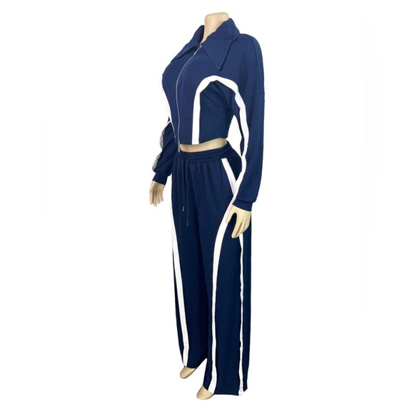Retro collar jacket and fitted wide leg jogger pants (blue) - Picture 6 of 8